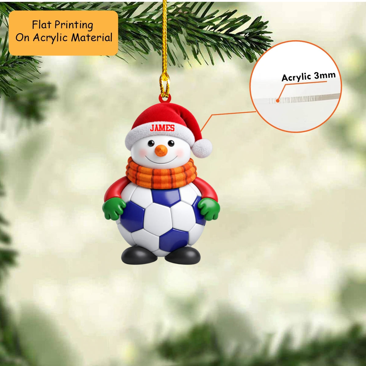 Personalized Soccer Christmas Ornament, Snowman Hugging Football With Scarf, Custom Ornament Christmas Gift, Keychain Soccer, Car Ornament Soccer