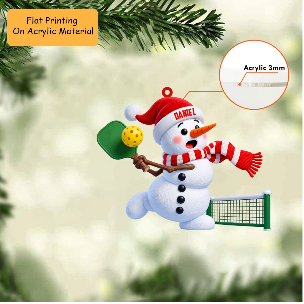 Personalized Pickleball Christmas Ornament, Active Snowman Hitting Ball Over Net, Custom Ornament Christmas Gift, Keychain Pickleball, Car Ornament Pickleball