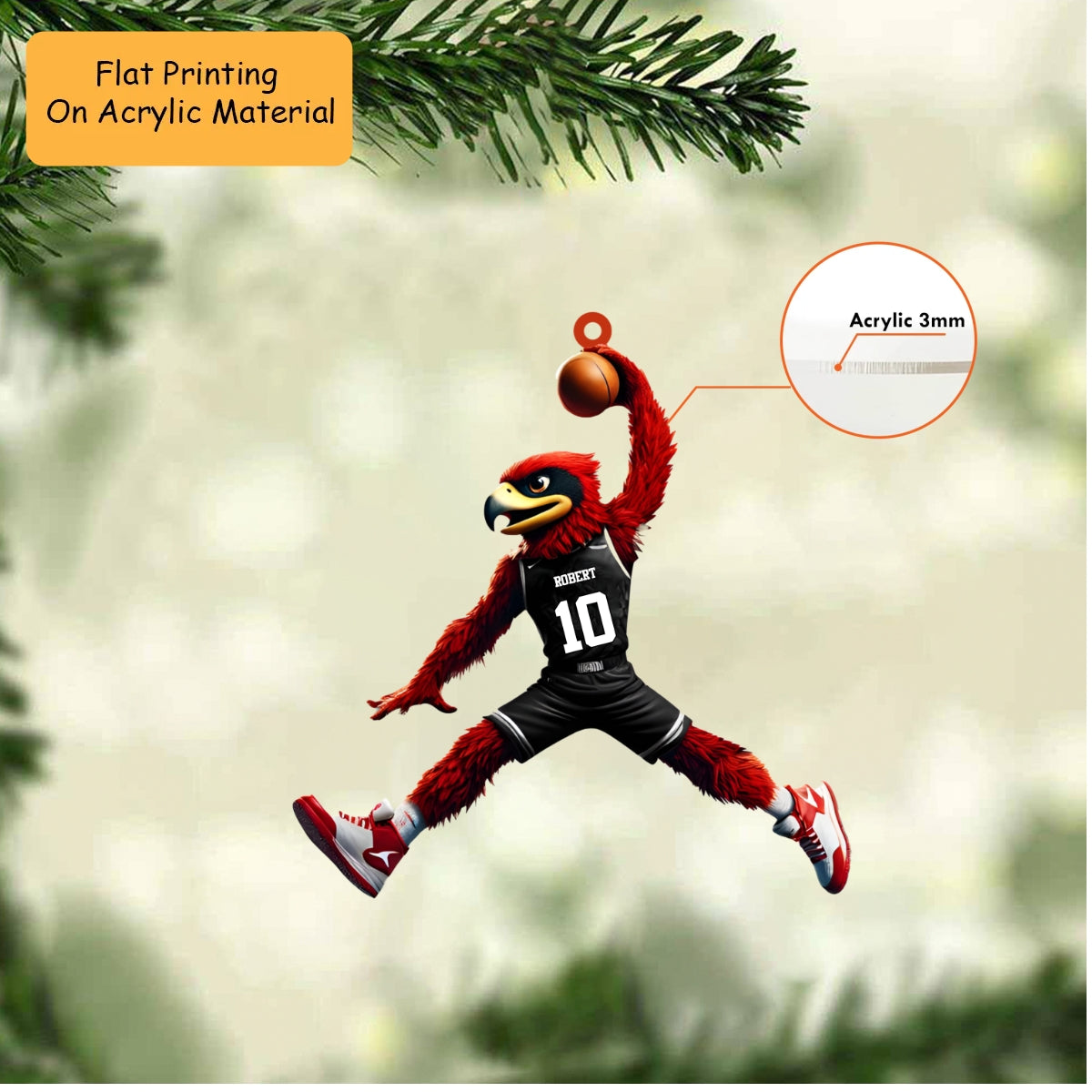 Personalized Basketball Christmas Ornament, Bird Mascot Slam Dunk, Custom Ornament Christmas Gift, Keychain Basketball, Car Ornament Basketball