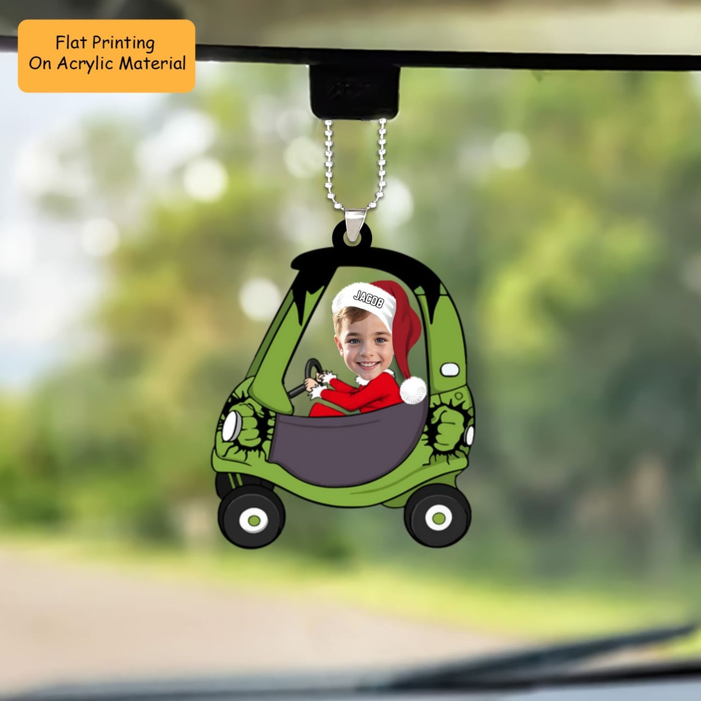 Personalized Photo Kid Driving Cartoon Car Flat Acrylic Ornament, Ornament Gifts For Son, Grandson, Daughter, Granddaughter