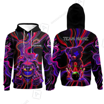 Customized Bowling Unisex Polo Shirt, Crazy Neon Bear Bowling Strike, Bowling Uniform - Personalized Name And Team Name