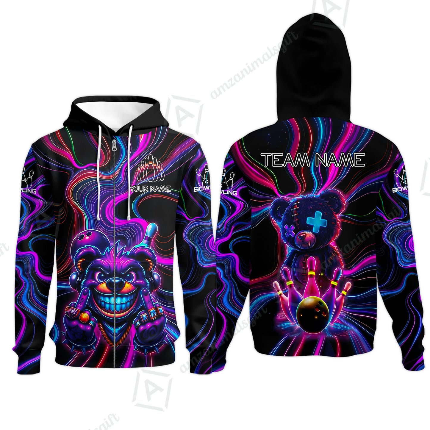 Customized Bowling Unisex Polo Shirt, Crazy Neon Bear Bowling Strike, Bowling Uniform - Personalized Name And Team Name