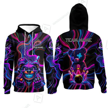 Customized Bowling Unisex Polo Shirt, Crazy Neon Bear Bowling Strike, Bowling Uniform - Personalized Name And Team Name