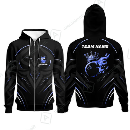 Customized Bowling Zip Hoodie, Custom Crown Bowling Uniform Hawaiian Jersey, Multicolor Team Style Jersey for Bowlers