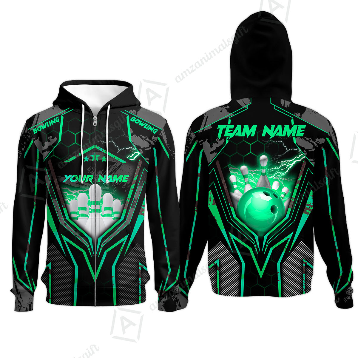 Customized Bowling Jersey, Bowling And Pins Abstract Grunge Texture X Multicolor Option Customized Name And Team Name Zipper Polo Jerseys Shirts