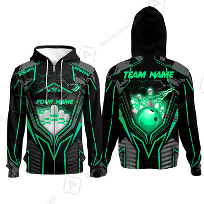 Customized Bowling Jersey, Bowling And Pins Abstract Grunge Texture X Multicolor Option Customized Name And Team Name Zipper Polo Jerseys Shirts