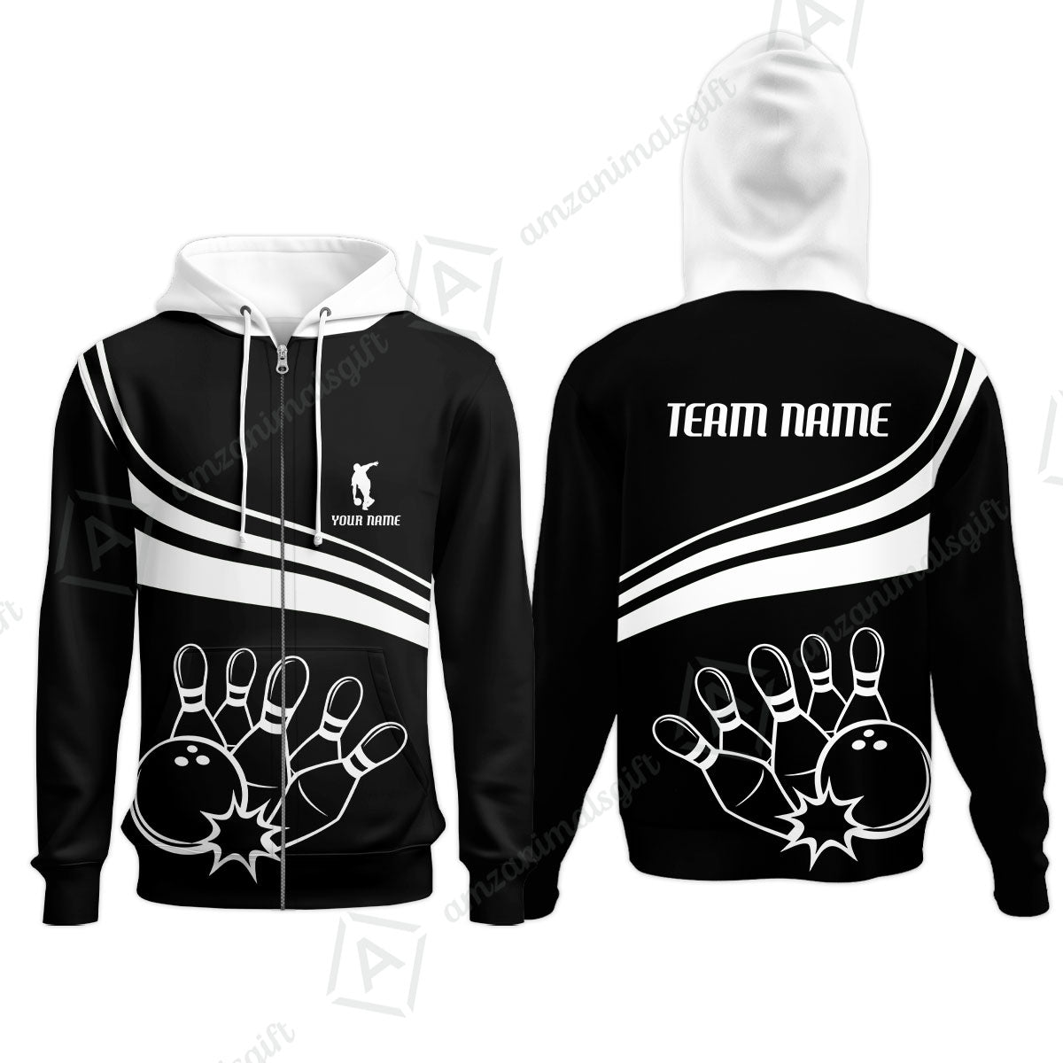 Bowling Customized Jersey Black Shirt White Curve Bowling Tenpin Quarter Zip Shirt, Outfit For Bowlers, Bowling Team