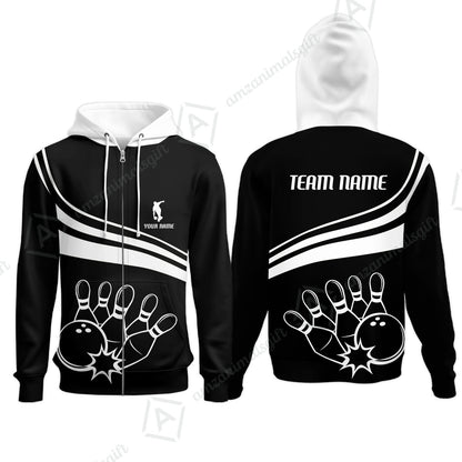 Bowling Customized Jersey Black Shirt White Curve Bowling Tenpin Quarter Zip Shirt, Outfit For Bowlers, Bowling Team