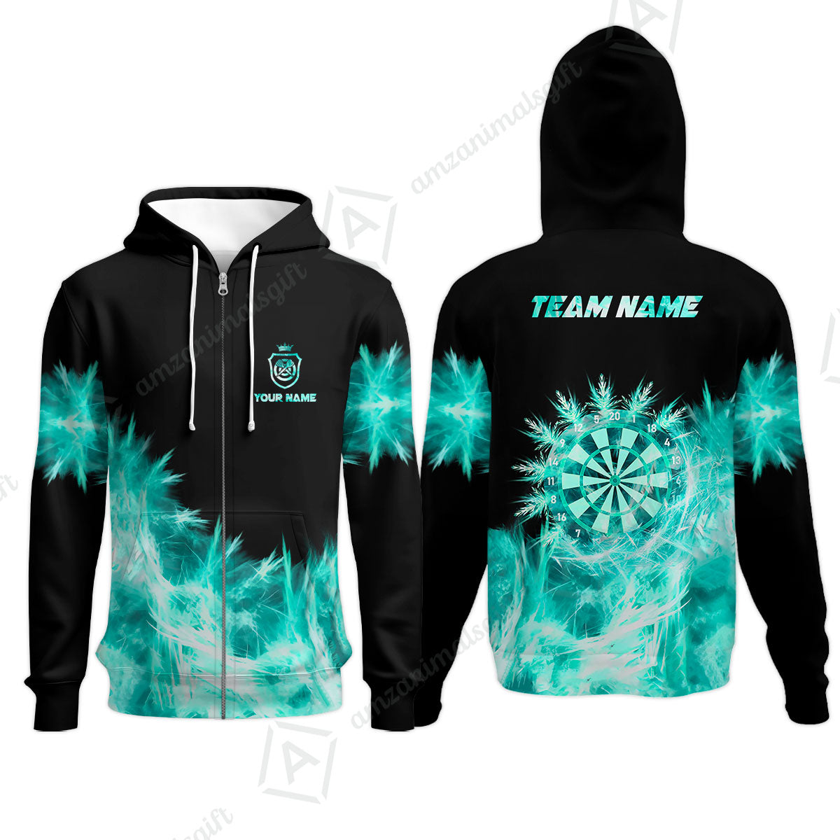 Customized Darts Zip Hoodie, Darts Icy Light Black And Multi Color Team Zip Hoodie For Darts Player