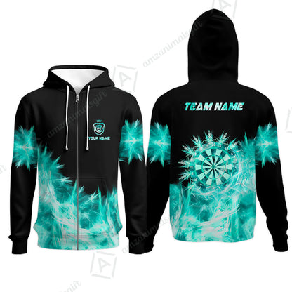 Customized Darts Zip Hoodie, Darts Icy Light Black And Multi Color Team Zip Hoodie For Darts Player