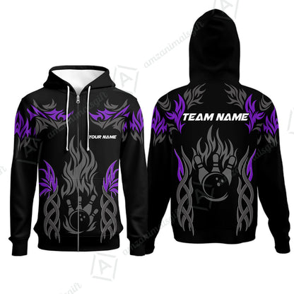 Personalized Bowling Team Zip Hoodie, Tribal And Bowling Flame Multi Option Customized Polo Shirt - Black