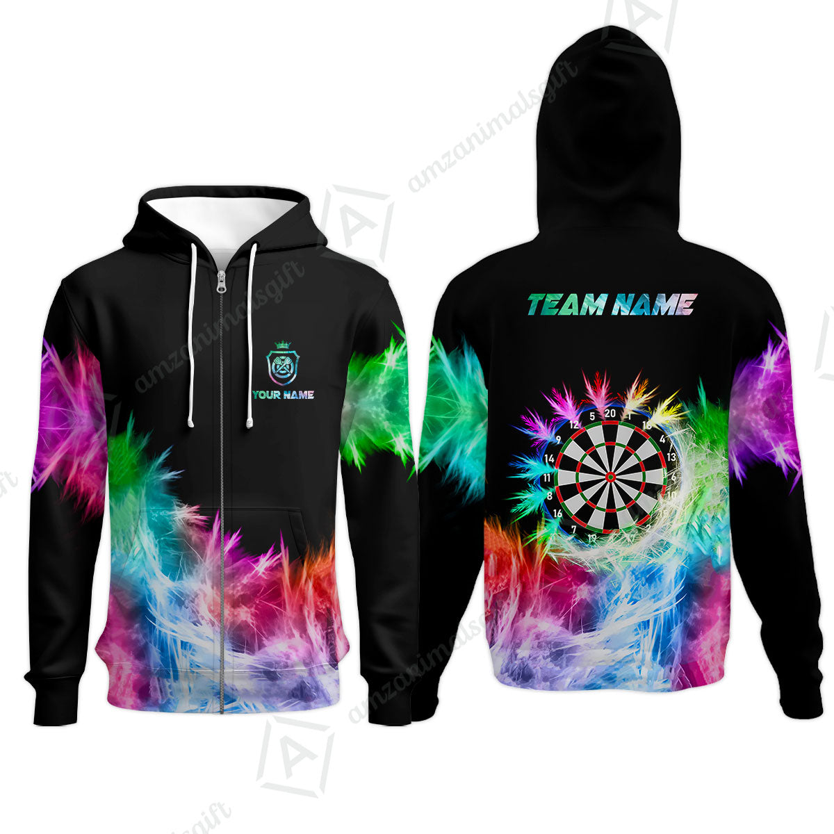 Customized Darts Zip Hoodie, Darts Icy Light Black And Multi Color Team Zip Hoodie For Darts Player