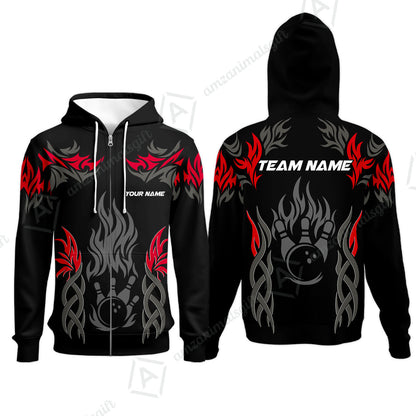 Personalized Bowling Team Zip Hoodie, Tribal And Bowling Flame Multi Option Customized Polo Shirt - Black