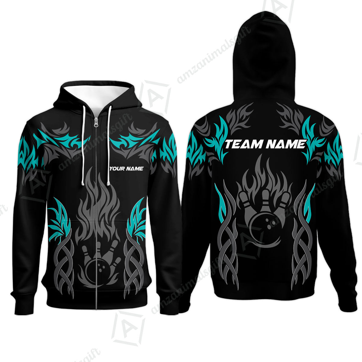 Personalized Bowling Team Zip Hoodie, Tribal And Bowling Flame Multi Option Customized Polo Shirt - Black
