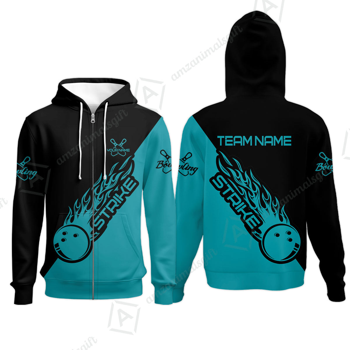 Bowling Customized Jersey Black Turquoise Shirt Strike Ball Bowling Tenpin Quarter Zip Shirt For Bowlers, Bowling Team