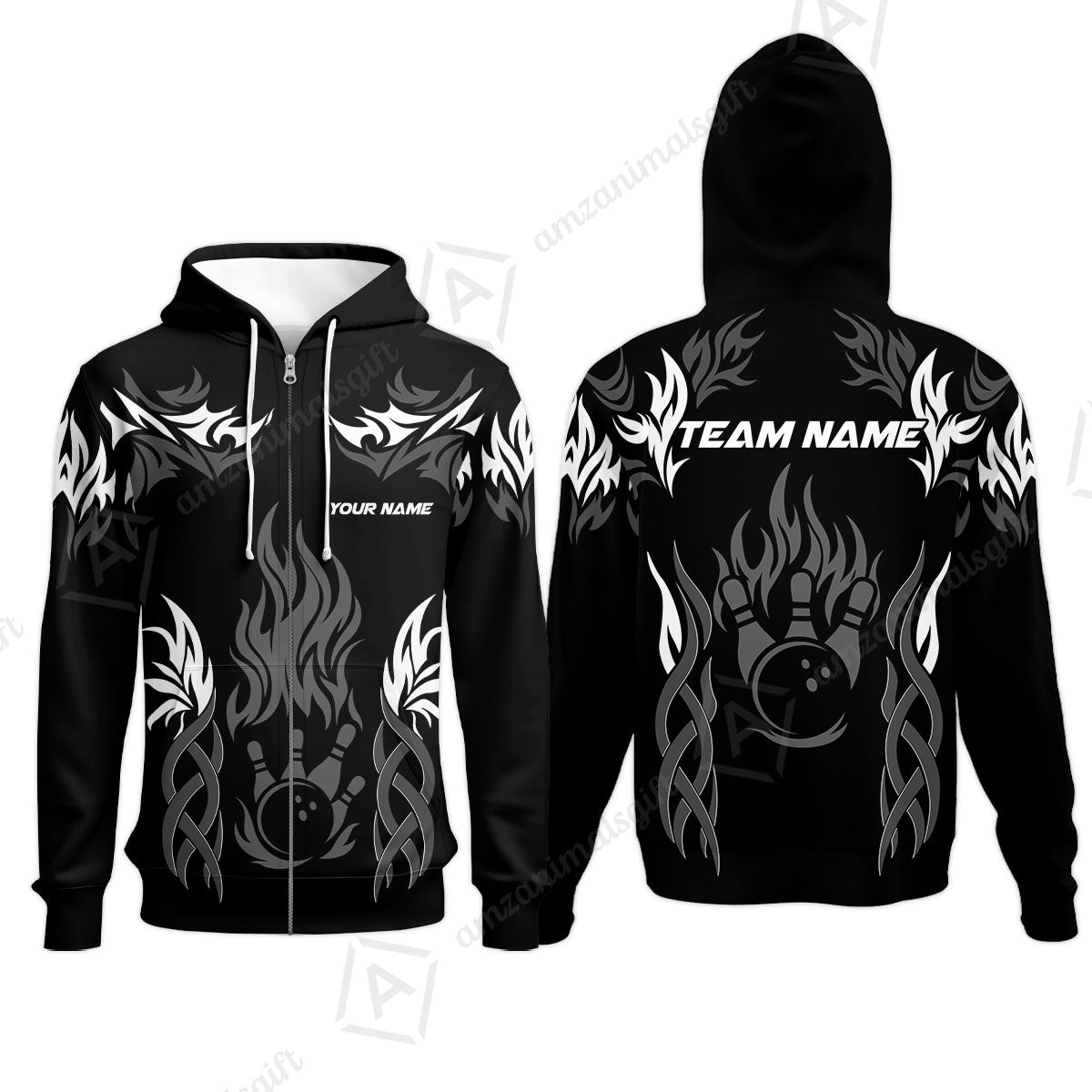 Personalized Bowling Team Zip Hoodie, Tribal And Bowling Flame Multi Option Customized Polo Shirt - Black