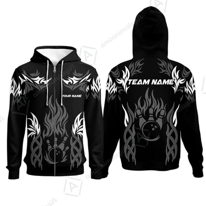 Personalized Bowling Team Zip Hoodie, Tribal And Bowling Flame Multi Option Customized Polo Shirt - Black