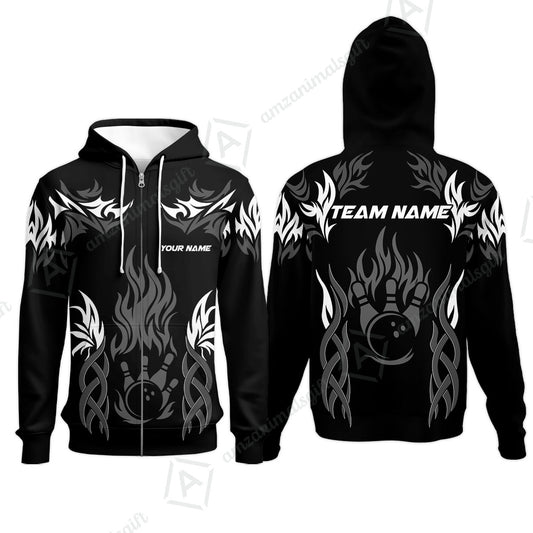 Personalized Bowling Team Zip Hoodie, Tribal And Bowling Flame Multi Option Customized Polo Shirt - Black
