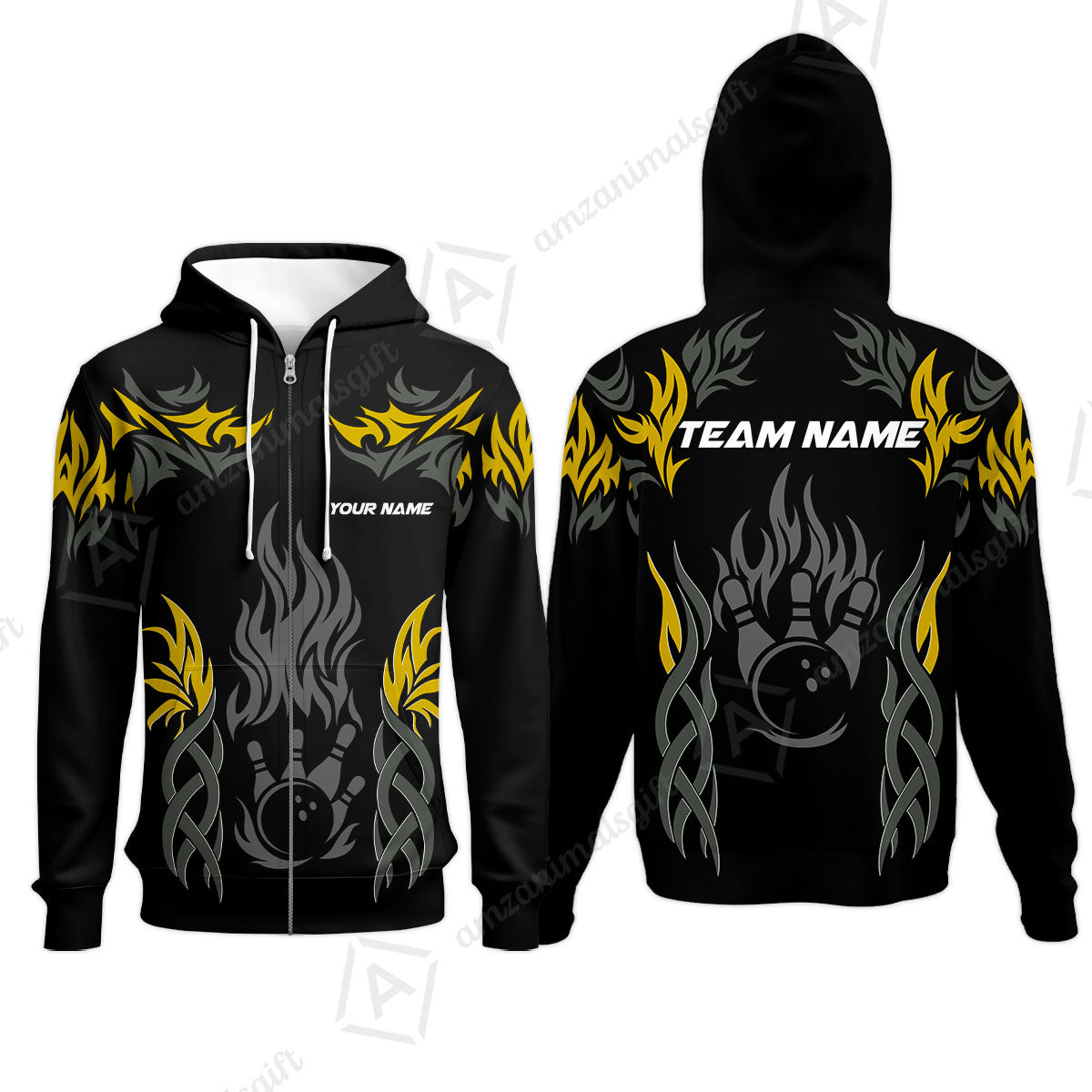 Personalized Bowling Team Zip Hoodie, Tribal And Bowling Flame Multi Option Customized Polo Shirt - Black