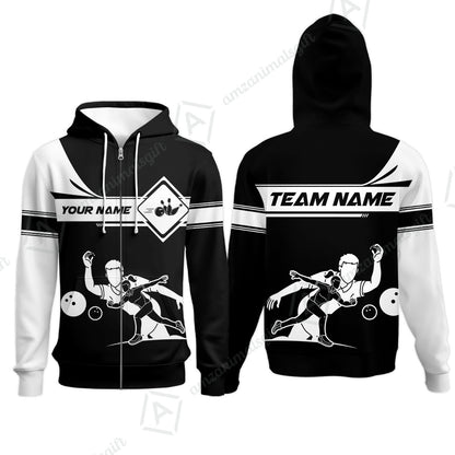 Customized Bowling Zip Hoodie, Men And Women Playing Bowling Ball Zip Hoodie Uniform Multicolor For Bowlers