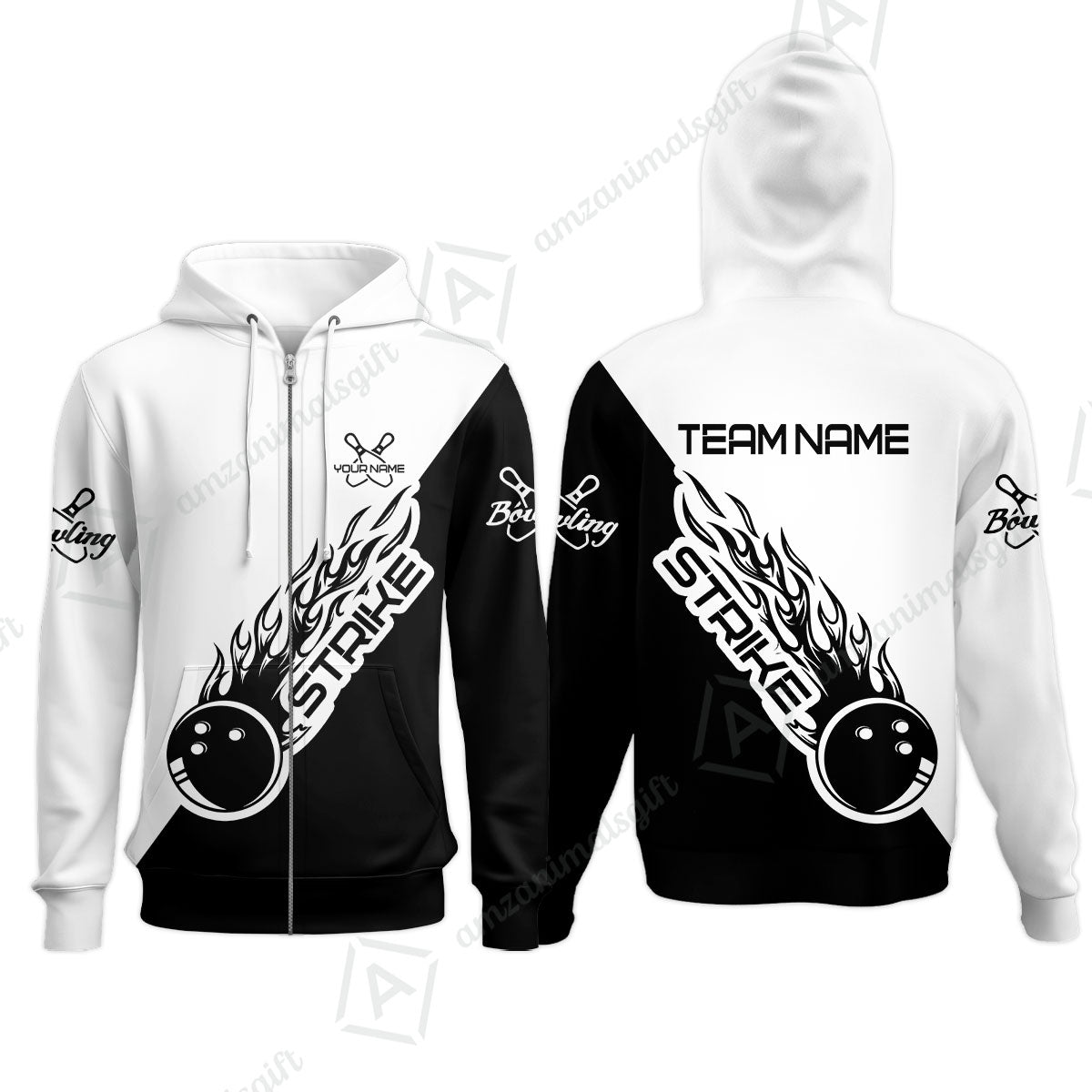Bowling Customized Jersey Black White Shirt Strike Ball Bowling Tenpin Quarter Zip Shirt For Bowlers, Bowling Team