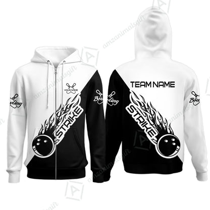 Bowling Customized Jersey Black White Shirt Strike Ball Bowling Tenpin Quarter Zip Shirt For Bowlers, Bowling Team