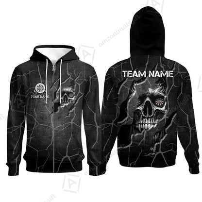 Customized Darts Zip Hoodie, Torn-Up Skull Dartboard Eyes Darts Zip Hoodie Team Style Jersey for Darts Players
