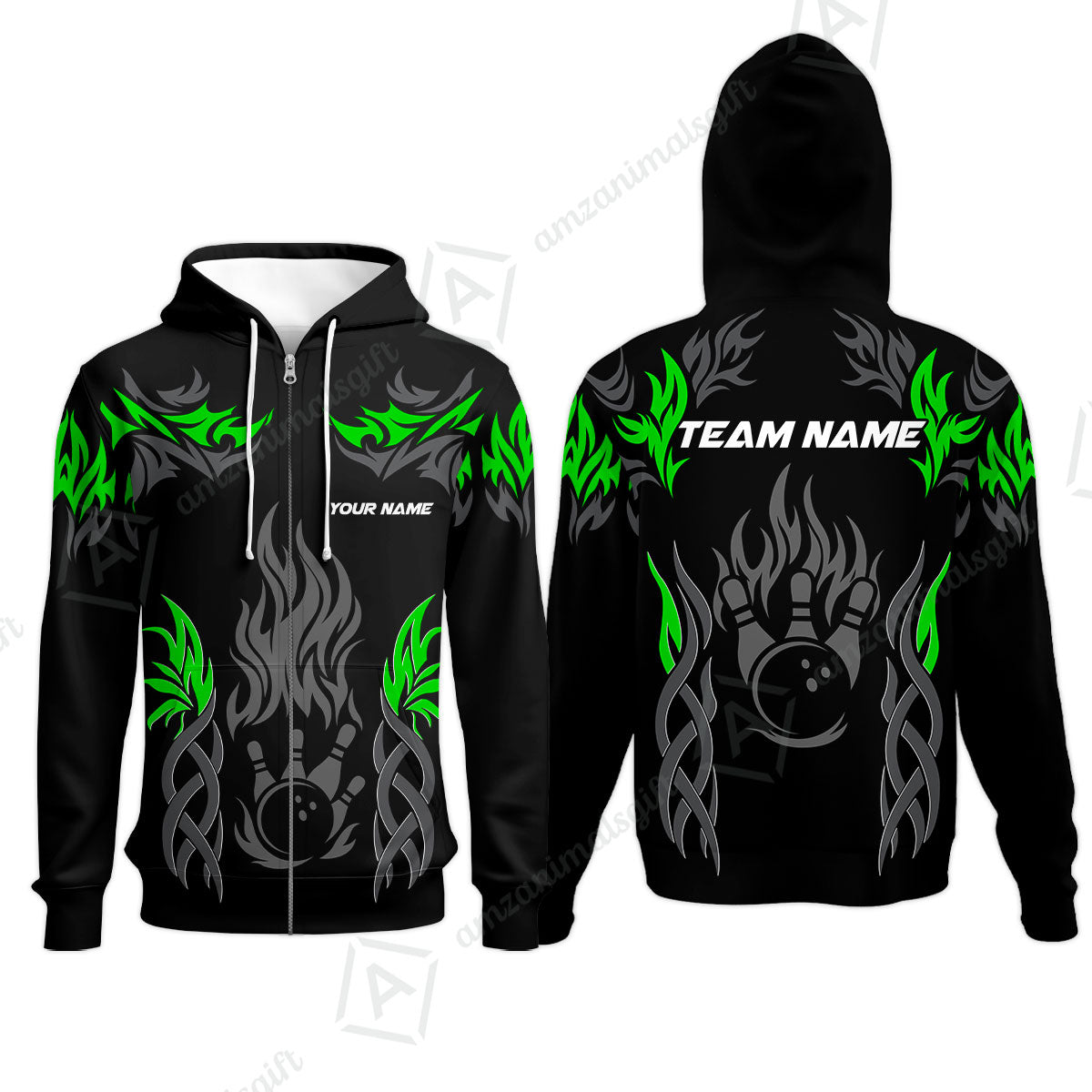 Personalized Bowling Team Zip Hoodie, Tribal And Bowling Flame Multi Option Customized Polo Shirt - Black
