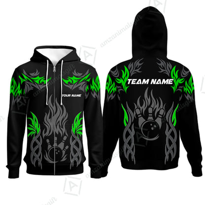 Personalized Bowling Team Zip Hoodie, Tribal And Bowling Flame Multi Option Customized Polo Shirt - Black