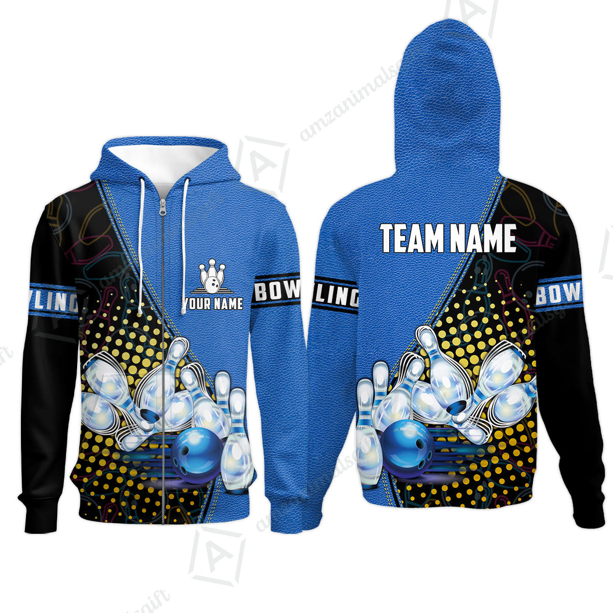 Custom Bowling Zip Hoodie - Black And Blue Bowling Ball Pattern Personalized Name Zip Hoodie