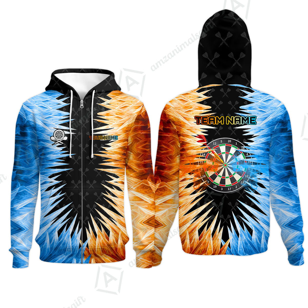 Customized Darts Zip Hoodie, Darts Dartboard Ice And Fire Multicolor Zip Hoodie Jersey For Darts Players