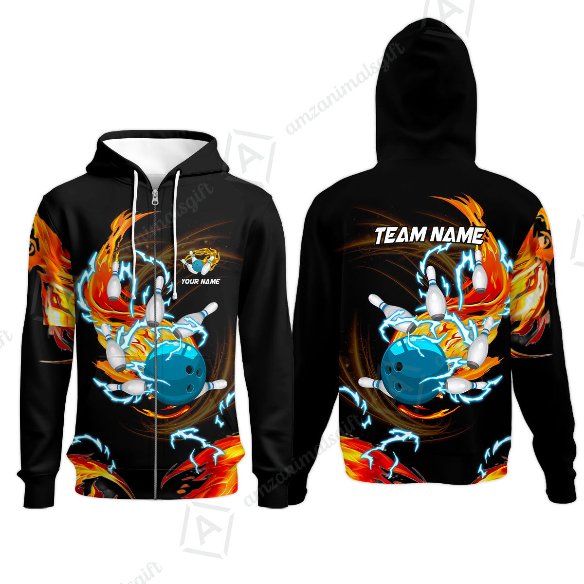 Customized Bowling Zip Hoodie, Bowling Ball & Pins Breath Of Thunder Flame Multicolor Option, Perfect Outfit For Bowlers