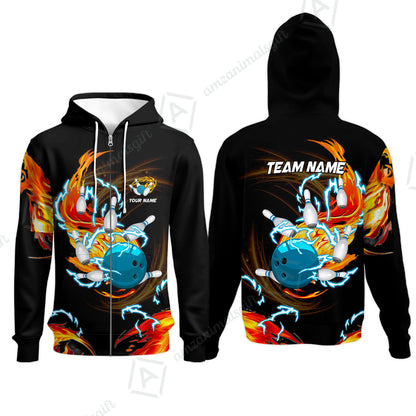 Customized Bowling Zip Hoodie, Bowling Ball & Pins Breath Of Thunder Flame Multicolor Option, Perfect Outfit For Bowlers
