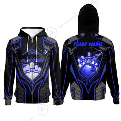 Customized Bowling Jersey, Bowling And Pins Abstract Grunge Texture X Multicolor Option Customized Name And Team Name Zipper Polo Jerseys Shirts