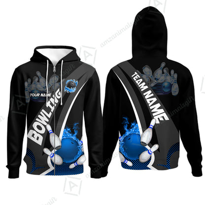 Customized Bowling Polo, Bowling And Pins Plame Premium Multicolor Option Personalized Name And Team Zipper Polo Jerseys Shirts