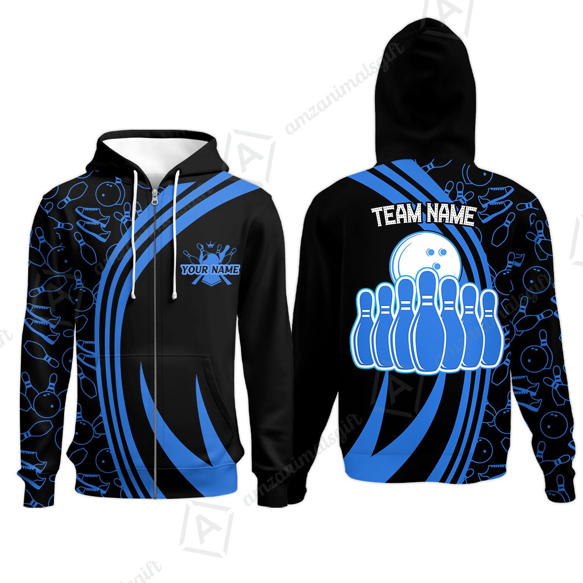 Customized Bowling Team Zip Hoodie Neon Multicolor Bowling Uniforms With Name And Team Name For Bowlers, Team League