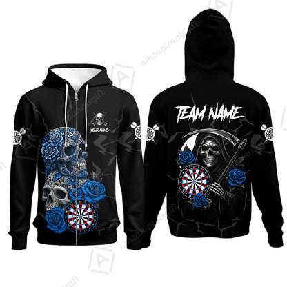Customized Darts Zip Hoodie, Darts Turquoise Skull Roses Dartboard Zip Hoodie Style Jersey for Darts Players