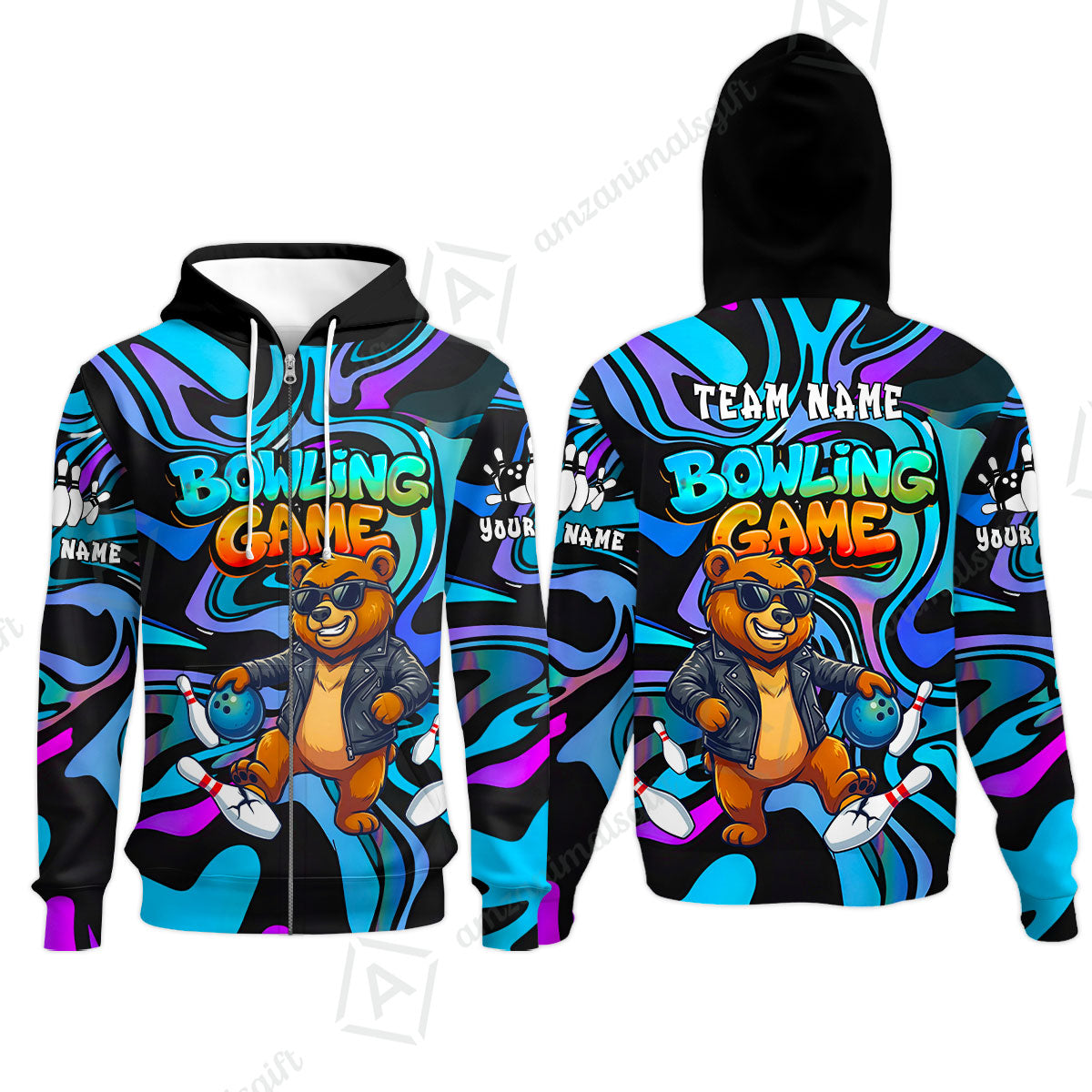 Custom Bowling Jersey Polo Shirt, Trippy Swirl Rocker Bear Graffiti Style, Custom Bowling Jersey Team Shirt For Players With Name & Team Name