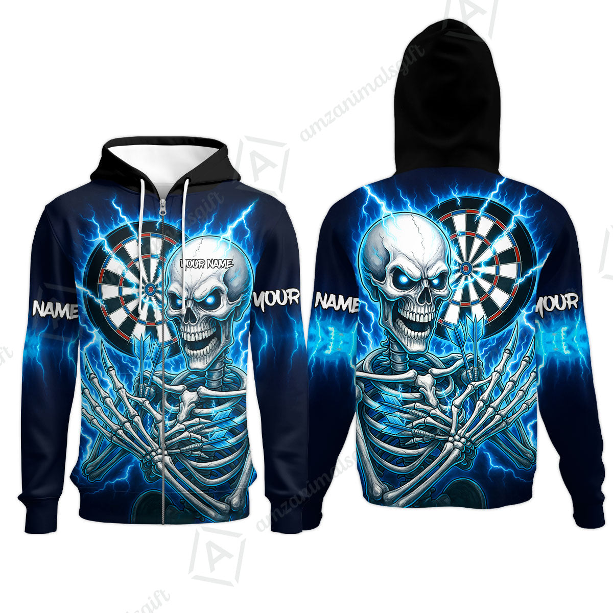 Custom Darts Team Zip Hoodie, Dartboard Electric Skeleton Darts Jersey Zip Hoodie, Custom Darts Uniforms Jersey