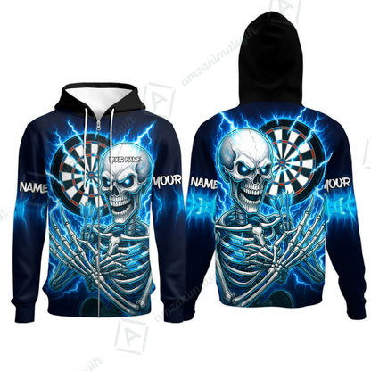 Custom Darts Team Zip Hoodie, Dartboard Electric Skeleton Darts Jersey Zip Hoodie, Custom Darts Uniforms Jersey