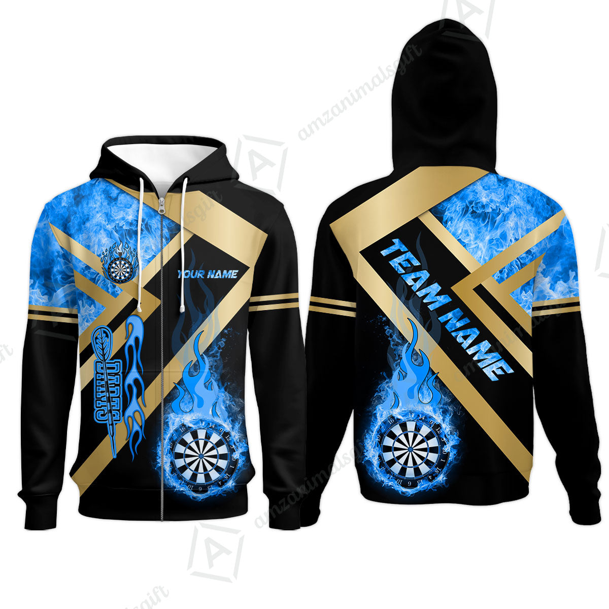 Customized Darts Zip Hoodie, Darts Dartboard Fire Flame Multicolor Team Zip Hoodie For Darts Players