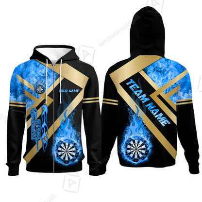 Customized Darts Zip Hoodie, Darts Dartboard Fire Flame Multicolor Team Zip Hoodie For Darts Players