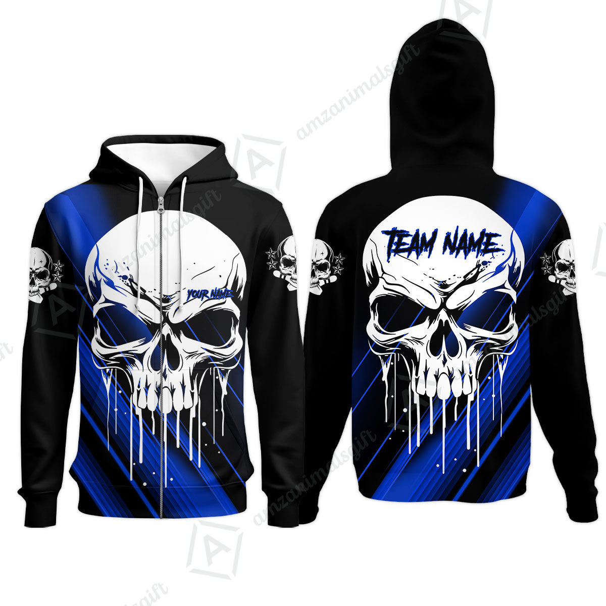 Customized Bowling Polo, Blue Skull Bowling Creepy Style Bowling jerseys Custom Name And Team Shirt