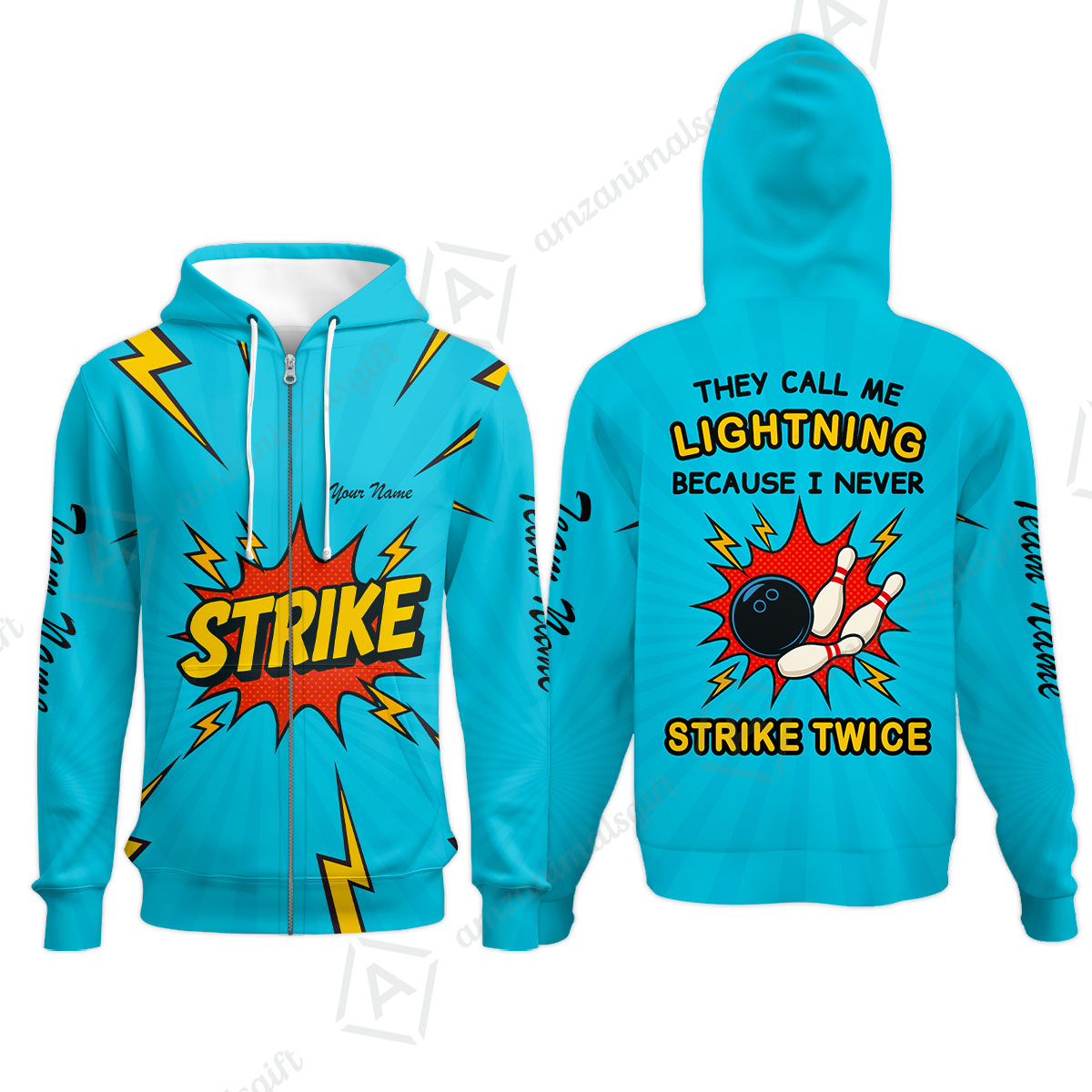 Customized Bowling Team Zip Hoodie, They Call Me Lightning Because I Never Strike Twice Comic Style Zip Hoodie