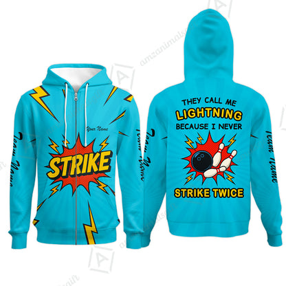 Customized Bowling Team Zip Hoodie, They Call Me Lightning Because I Never Strike Twice Comic Style Zip Hoodie