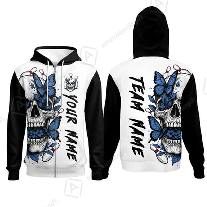 Custom Bowling Jersey Polo Shirt, Skull With Butterfly, Custom Bowling Jersey Team Shirt For Players With Name and Team Name