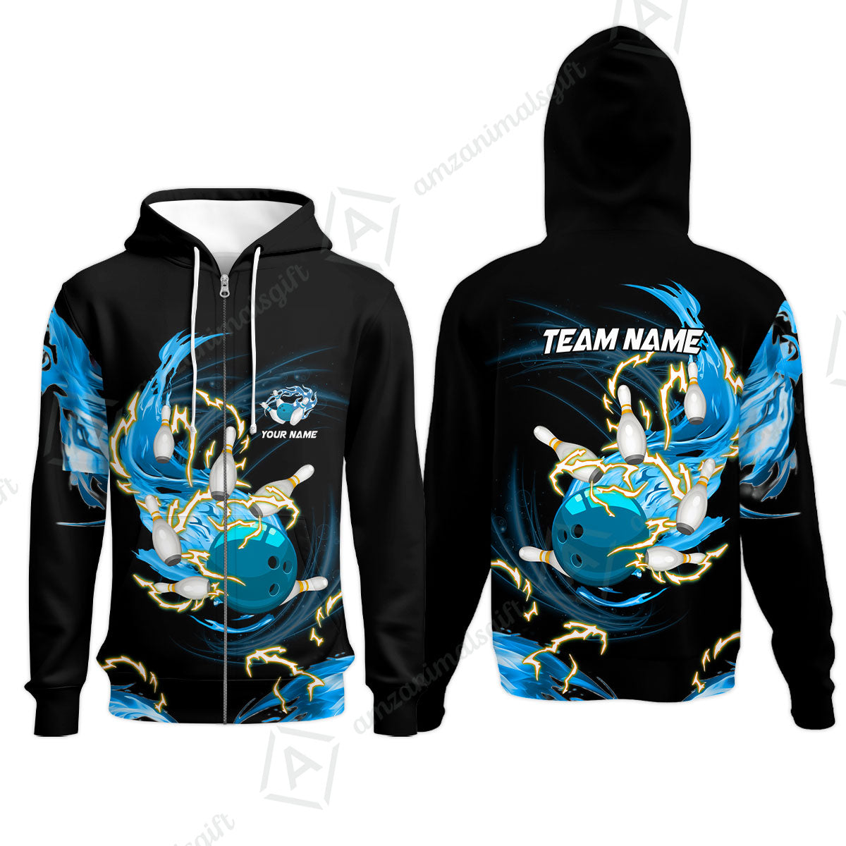 Customized Bowling Zip Hoodie, Bowling Ball & Pins Breath Of Thunder Flame Multicolor Option, Perfect Outfit For Bowlers