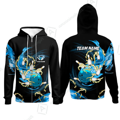 Customized Bowling Zip Hoodie, Bowling Ball & Pins Breath Of Thunder Flame Multicolor Option, Perfect Outfit For Bowlers