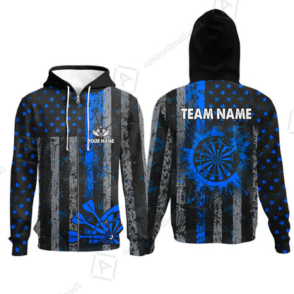 Customized Darts Zip Hoodie, Turquoise Grunge US Flag Patriotic Darts Zip Hoodie Jersey for Darts Players
