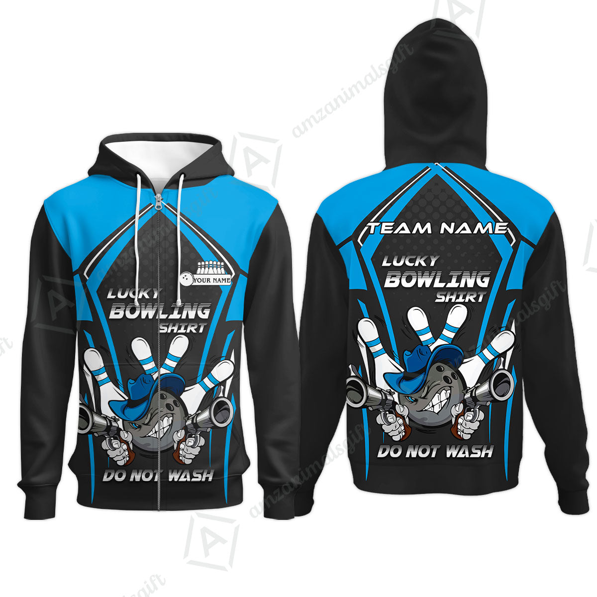 Customized Bowling Team Zip Hoodie, Lucky Bowling Shirt Do Not Wash Bowling Ball Aiming Guns, Personalized Name Bowling Shirt